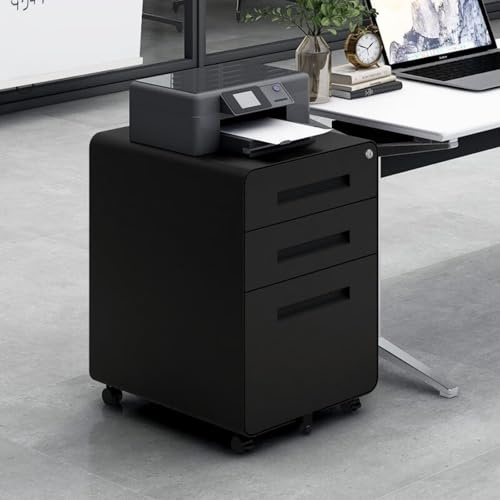 KOMHTOM Moderne Meuble de Rangement Bureau, Classeur Mobile à 3 Tiroirs en Métal avec Serrure, Casier a Clef, Meuble Imprimante (Noir, 46×40×58cm)