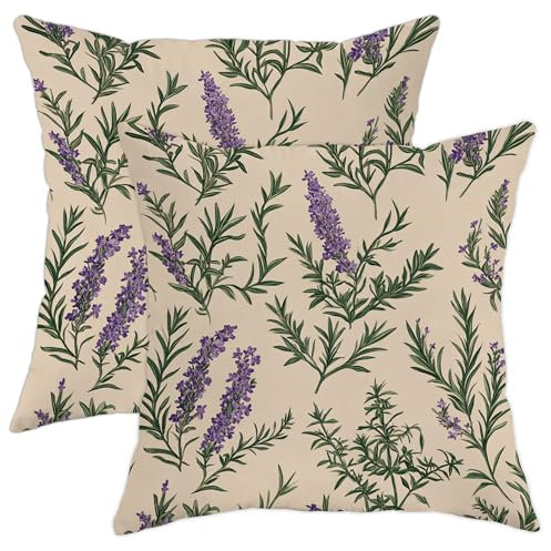 Juego de 2 fundas de cojín florales de lavanda, fundas de cojín de plantas de hierbas violetas, almohadas decorativas de primavera para sofá, hogar, 18 x 18 pulgadas