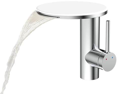 HKTHE Waschtischarmatur Wasserfall, 360°-Drehung, HBF0599 Modern Mischbatterie Bad mit Ablagetisch, Edelstahl SUS304 Mischbatterie Waschbecken Einhebel, Korrosionsbeständig für Badezimmer, Hotels