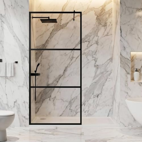 LARWORKS Duschtrennwand 90x190 cm, 5 mm ESG Glas | Nanobeschichtung, Schwarzes Aluminium mit Glasrahmen, Starker Stützstab, Walk In Dusche
