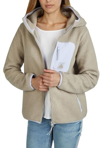 DENIMFY Fleecejacke Damen Regular Fit DFLea Teddyfleece Kapuzenjacke Winterjacke Übergangsjacke Stehkragen, Größe:XL, Farben:Slate Grey-Greyish Lavender-Light Sand