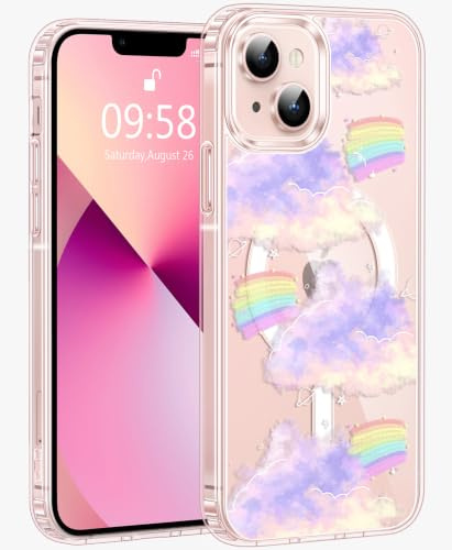 Jkvare for iPhone 13 Case, Crystal Clear Aesthetic Pattern Wireless Magnetic Protective Phone Cover for Women Girls - Rainbow Clouds