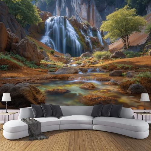 SMBHIAON Papier peint panoramique artistique 450×315 CM - Revêtement mural décoration chambre salon - Vue Spectaculaire Sur Une Casca - Brun Clair - Motifs Roches Et Végétation