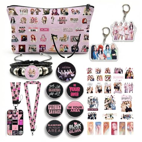PINK Korea Pop Fanartikel Set – Blink Geschenkpaket mit Stickern, Schlüsselanhängern, Armband, Tasche, Lanyard, Fotokarten & mehr – Kreatives Merch Set für Fans