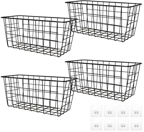 Mocifa 4 Pièces Paniers Métal Noir Rangement, avec Crochets, 28x12x12.5 cm | Panier de Rangement en Fil Métallique, Panier Suspendu Mural Filaire Métal, pour Salle de Bain, Cuisine, Garde-Manger