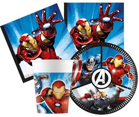 Kit Compleanno Tavola Avengers 16 Persone (52 Pezzi: 16 Piatti 18cm, 16 Bicchieri 200ml, 20 tovaglioli) in Carta