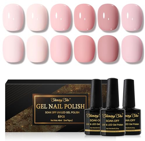 Shining She Gel Nail Polish Nude Pink, 6 Colours Sheer Milky Nude Peach Soft/Rose/Mauve Pink Gel Polishes Set, Soak-Off UV/LED Nail Polish for Manicure Nail-Art Salon DIY at Home, 8ML