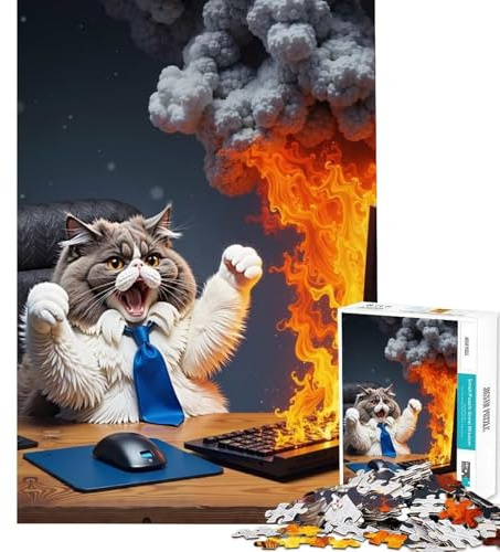 Puzzle für Erwachsene 1000 Teile Katze feiert Laptop-Feuer Denkspiel Intellektuelles Spiel Tolles Geschenk für Spielefans Gedächtnistraining (Größe 50x75cm)