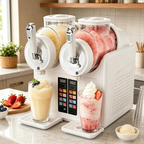 Macchina per Granita, Macchina per Gelato Soft 2 in 1 E Macchina per Granite, Macchina Bevande Fredde Con Doppio Serbatoio E 6 Programmi, Per Frappè, Granite, Gelato Soft, Casa, Bar E Caffè White