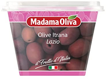 MADAMA OLIVA, Olive Itrana dal Colore Nero Rosato e dal Sapore Tipico, Ideale da Utilizzare nei Sughi, Cani Bianche e di Cacciagione, 100% Made in Italy, 250 gr