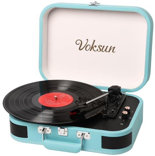 Giradischi Vinile, VOKSUN Giradischi Portatile Vintage con uscita Bluetooth Lettore LP Vinile con 3 Velocità, Valigia USB, In AUX, Linea RCA, Jack Cuffie, Auto-Stop (Blu)