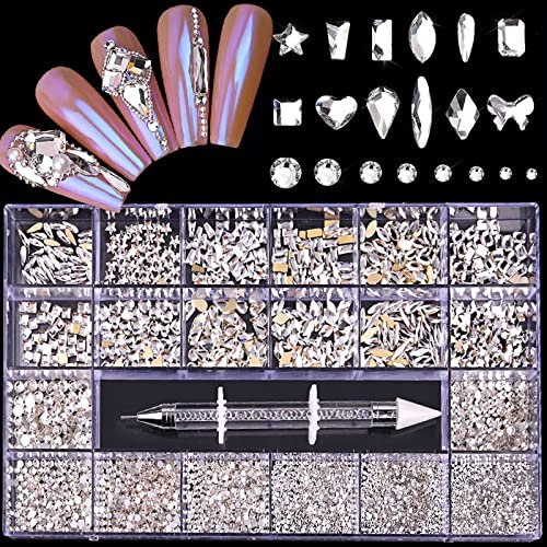 Nail Art Decorations AB Rhinestones Kit DIY Crafts Gemstones for Nail, Shoes, Clothes, Jewels (600 Clear diamonds + 2500 flat rhinestones)