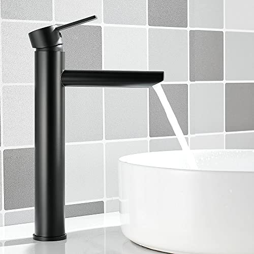 Maynosi Bathroom Monobloc Basin Mixer Tap, Modern High Rise Basin Taps, Single Lever Tall Counter Sink Faucets, Hot and Cold Tap for Countertop Basins, Stainless Steel 304 (Matte Black)