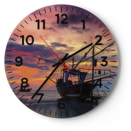 Modern Wanduhr Asien Boot Kutter 40x40cm Rund Groß Wand Uhr Glas Analog Zimmeruhren Küche Büro Wohnzimmer Glasuhr Wall Clock Dekoration Design Wanddekoration Küchenuhr C4AR40x40-4144