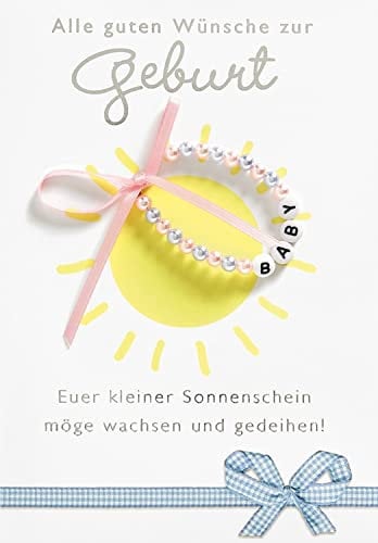 Perleberg Geburtskarte mit Armband & Schleife - Lifestyle-Collection - hochwertige Karte zur Geburt für Mädchen & Jungen - Liebevolles Geschenk zur Geburt mit Umschlag - 11,6 x 16,6 cm