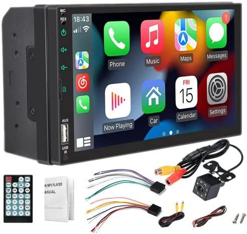 Autoradio doppio Din compatibile con wireless Apple Carplay e Android Auto da 7 pollici Autoradio Bluetooth con porta USB TF FM AUX IN 8LED Supporto per telecamera retromarcia Mirror Link e subwoofer