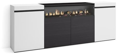Skraut Home | Sideboard, Highboard | Kommode, Komodenschrank | 200x75x35cm | 4 Türen | Elektrokamin. Maße | Moderner Stil | Weiß und Schwarz