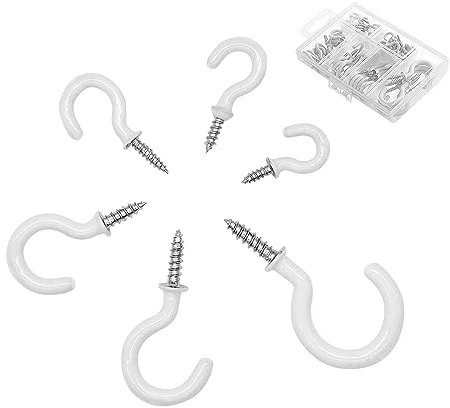 70Pcs Screw in Hooks for Hanging, White Heavy Duty Ceiling Hooks Cup Hooks with Box, Steel Plastic Coated Screws Hooks for Bathroom Kitchen Garden Outdoor & Indoor Hanging