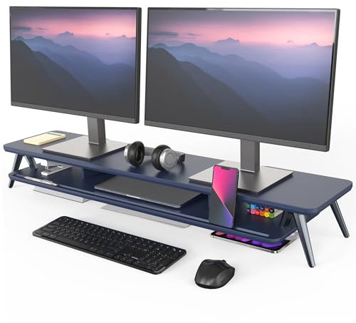 Fenge Dual Monitorständer mit Telefon/Pad Halter, 2 Etagen Groß Computer Bildschirmständer für Laptop/PC/TV/Drucker 108x23,5x14,5cm Tragfähigkeit 50KG (Blau)