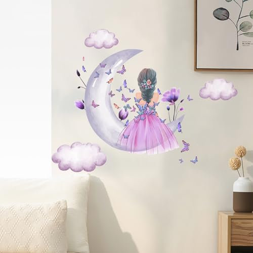 AIBAOBAO Schmetterlings Mädchen Wandaufkleber, Mond Wolken Blumen Fee Wandtattoo,rosa Blumen Wandbild, bunte Schmetterlinge, Wanddekoration, mädchen, schlafzimmer, wohnzimmer