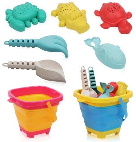 Sandspielzeug Set für Kinder und Kleinkinder, Draußen Reise Strandspielzeug mit 2 Faltbar Strand Eimern, Sandformen und Schaufelund Set, Sommer Sandkasten Spielzeug für Kleinkinder Jungen Mädchen