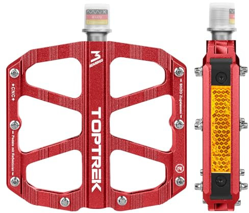 toptrek Fahrradpedale Rot mit StVZO Zugelassen Reflektoren, CNC Aluminium Pedale Fahrrad MTB Pedale rutschfest mit 3 Abgedichtete Lager für Mountainbike, BMX, E-Bike, Rennrad