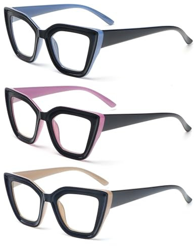 3 Pack Occhiali da lettura Donna Oversize Cat Eye con cerniera a molla Anti Azzurro(1.0, Blu viola marrone)