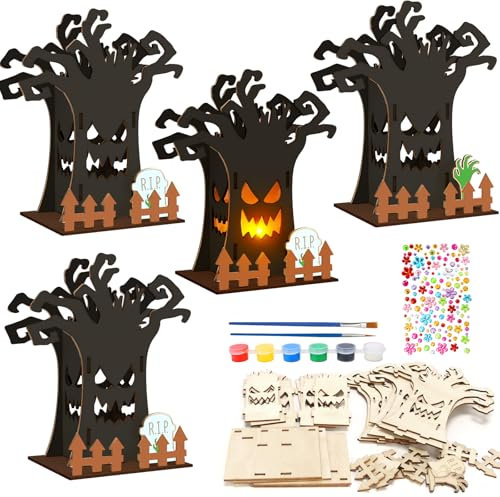 MONCAP 8pcs Kit Bricolage Enfant Halloween Kits d'Arbre Fantôme en Bois Halloween Arbre Fantôme à Assembler et à DIY Peinture pour Enfant Décoration de Table Halloween Cadeau Garçon Fille Halloween