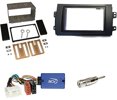 Einbauset: FIAT Sedici/Suzuki SX4 2006-2014 2-DIN Radioblende in schwarz + Zenec Lenkradfernbedienungs Radio Adapter + Antennenadapter DIN