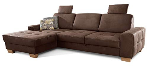 Cavadore Ecksofa Puccino mit Federkern, Schlaffunktion, verstellbarer Sitztiefe und 2 Kopfstützen / Sofa in L-Form im Landhaus Design / 281 x 86 x 178 cm / Mikrofaser braun