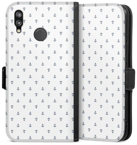 Klapphülle kompatibel mit Huawei P20 Lite Handyhülle aus Kunst Leder schwarz Flip Case Anker maritim Sommer