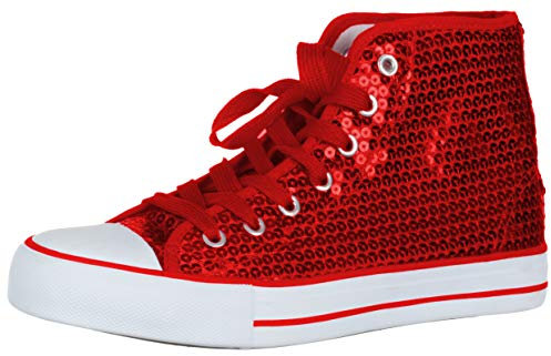 Brandsseller Damen Sneaker mit Pailletten und Glitzer - halbhoch mit Schnürsenkeln modisch bequem für Alltag & Party – Rot