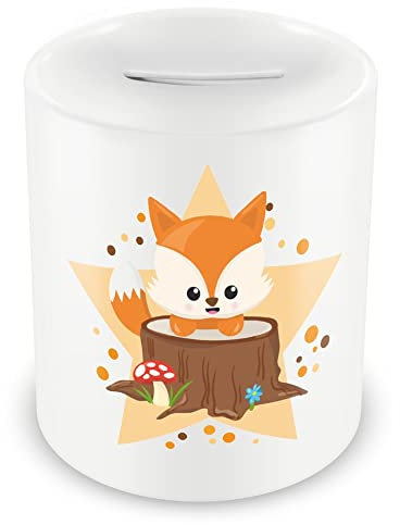 Samunshi® Kinder Spardose mit dem Motiv Süßer Fuchs - Jungen und Mädchen Sparschwein Sparbüchse weiß
