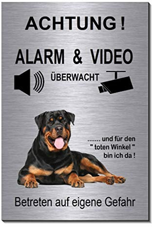 Rottweiler-Alarm-Video-Überwachung-Hund-15 x 10 cm-Schild-Hundeschild-Aluminium Edelstahloptik-Hunde-Tierschild-Warnschild-Hinweisschild (1905-72 mit Löcher)