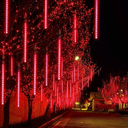 30cm 10 Tubo 360LED Pioggia Luci,DINOWIN Meteor Luci Impermeabili Solare Decorazione luci a Sospensione per Esterni Giardino Festa di Nozze, alberi di Natale (Rosso)