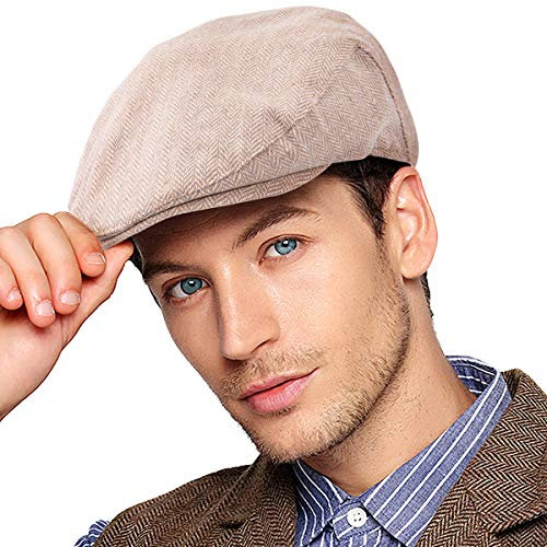Herringbone Flat Ivy Newsboy Cap für Herren Klassische Wollmischung Tweed Cabbie Hut, 007 Khaki, L/XL