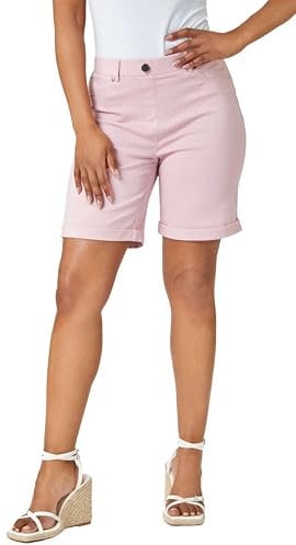 Roman Originals Stretch Shorts for Women UK Ladies Pull On Turned Hem Cut Off Bengaline Mom Boyfriend Boy Denim Casual Cropped Pants Capri Slim Fit Turn Up Summer Crops Mother - Pink - Size 12
