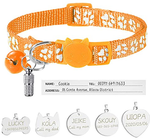Uiopa Katzenhalsband mit Sicherheitsverschluss + Hundemarke mit Gravur + Adressanhänger, Hundehalsband mit Name & Glöckchen, Verstellbar Halsband für Katze und Hund (Orange)