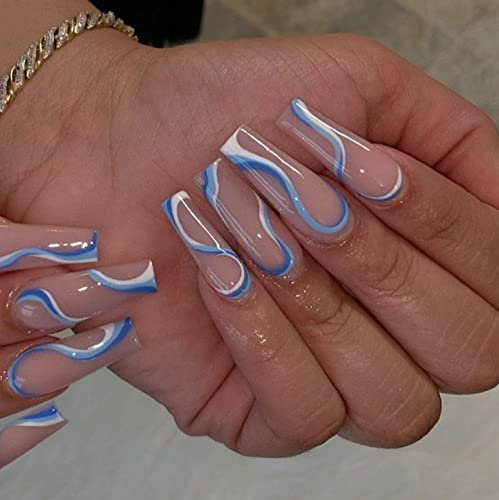 Brishow Künstliche Nägel Lange Wellenlinien press on nails Pink Bellarina Acrylic Nägel zum Aufkleben 24pcs für Frauen und Mädchen