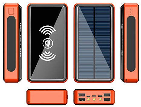 Brigtviee Batterie Externe Solaire, 100000mAh Chargeur Solaire Portable avec Charge Sans Fil 10W, Power Bank Solaire avec 4 Entrée et 5 Sorties, Batterie de Secours pour iPhone Samsung iPad etc,Orange