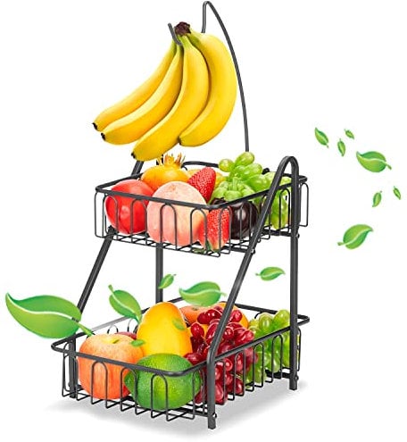 Mutool 2 Tier Fruit Racks Fruit Basket with Banana Hook Metal Desktop Fruit Bowls Storage Rack Keeps Fruits and Vegs Fresh (Black)