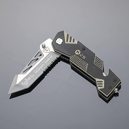 Couteau de poche pliant K25 TANTO avec ouverture assistée, coupe-ceinture, brise-verre et étui cordura pour ceinture et Molle couleur Noir Manche antidérapant | Lame inox 85mm 19944