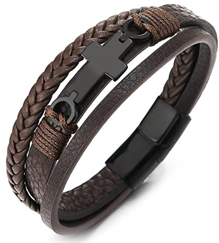 COOLSTEELANDBEYOND Schwarz Edelstahl Horizontalen Seite Seitlich Flacher Kreuz DREI Stränge Braun Geflochtene Lederarmband für Herren Damen