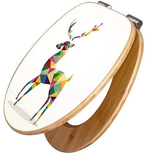 banjado® Design WC Sitz Bambus Absenkautomatik mit Motiv Origami Hirsch/Toilettendeckel mit Absenkautomatik Holz/hochwertiger Bambus Klodeckel/WC-Sitz für alle gängigen Toiletten