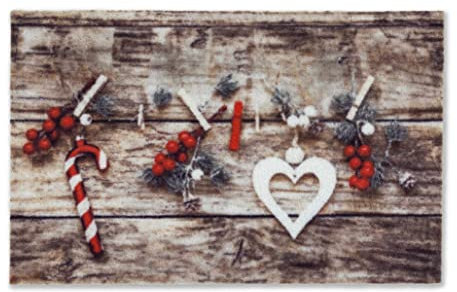 Fußmatte innen Weihnachtsmatte rutschfest - Weihnachtsdeko Türmatte Eingang Wintermatte waschbar - Schmutzfangmatte 40x60 cm Holz Girlande Deko rot