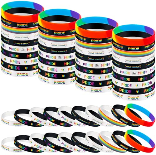 Deekin 60 Pcs Gay Pride Silicone Bracelet Bulk Rainbow Rubber Bracelets Gay Pride Bracelets Silicone Wristband Gay Pride Party Favors for Kid Adult Ornament