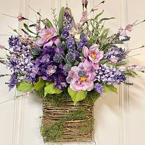 Wildflowers Door Hanging Basket Wreath for Front Door, Spring Wreath Artificial Wildflower Garland Pendant Door Hanging Welcome Sign Easter Home Decor for Porch Farmhouse Purple