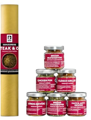 Bremer Gewürzhandel Genussreise Steak & Co., Gewürzset mit 6 verschiedenen Fleischgewürzen, zum Kochen, Braten und Grillen, in wiederverwendbaren Gläsern, tolles Geschenk, 112g