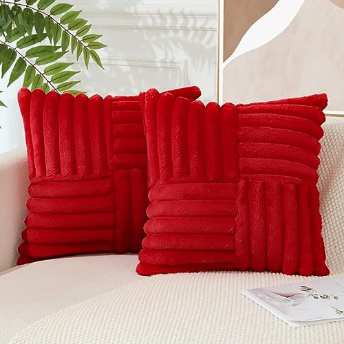 2er Set Gestückelte Samt Kissenbezug Weiche Kunstpelz Plüsch Dekorative Kissenhülle Fuzzy gestreifte Kissenbezüge für Bett Sofa Wohnzimmer Schlafzimmer, Rot 45 x 45 cm