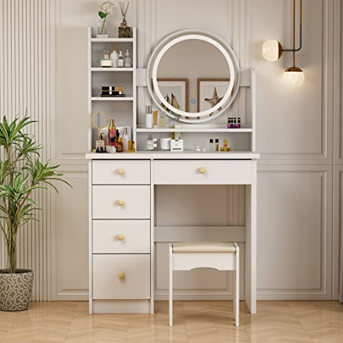 PREMTURE Schminktisch mit LED- Beleuchtung und 5 Schubladen, Frisiertisch mit Spiegel, Kosmetiktisch, Eckschminktisch mit Hocker, Schminktische, weiß, Schlafzimmer 80 B x 40 T x 135H cm